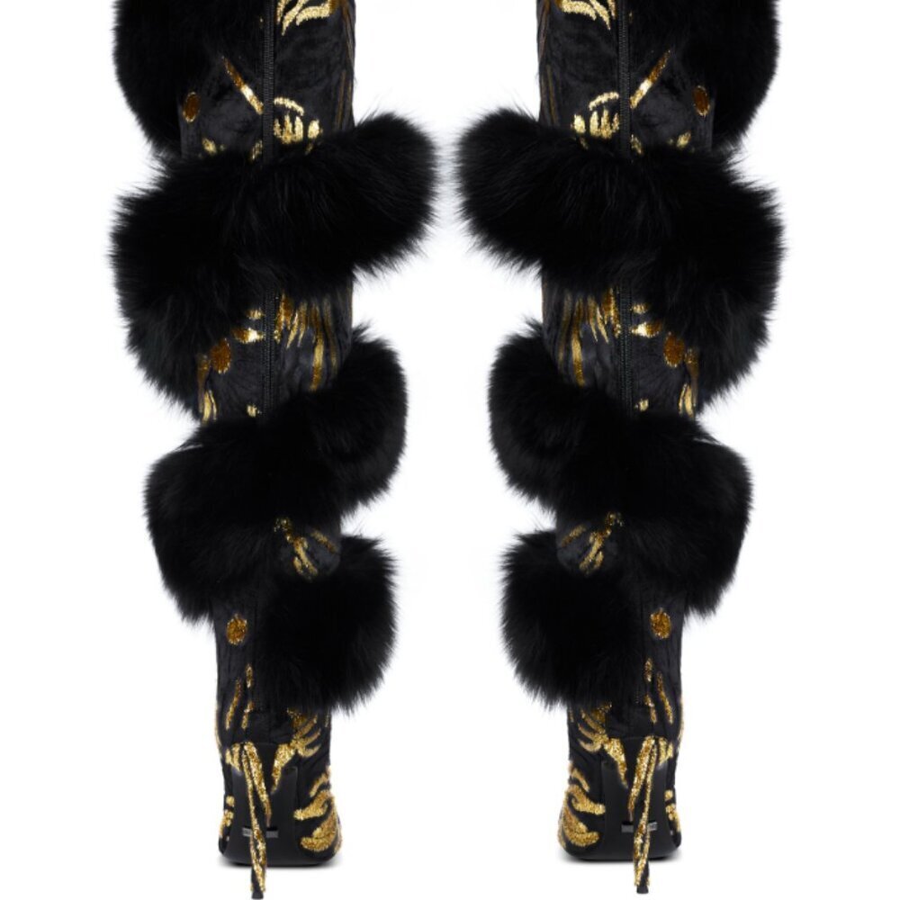 Jennifer Le BLK GLD X (RUNWAY) Thigh Boots RETAILS $1,150 REAL LEATHER & FOX FUR - Picture 3 of 10